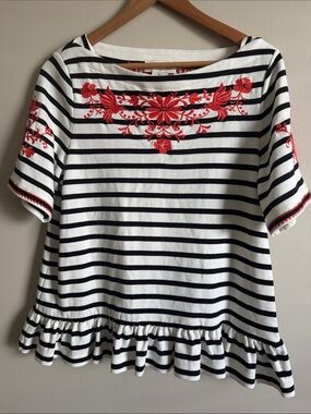 Kate Spade Broome Street Striped Embroidered Peplum Top